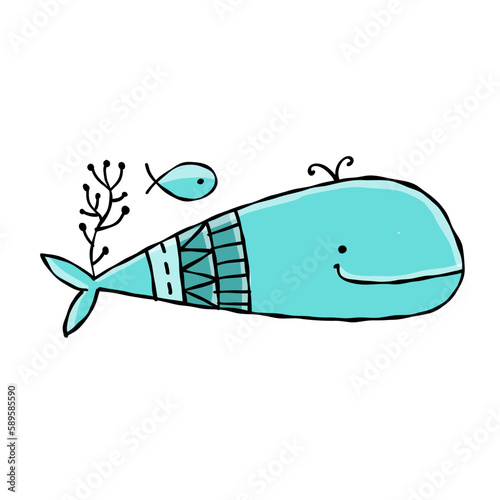 Funny wild whale character. Childish style icon, turquoise colors. Isolated o...