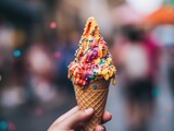 Closeup of girl holding ice cream in large waffle cone with colourful sprinkles and chocolate. Happy childhood lifestyle. Tasty summer food.