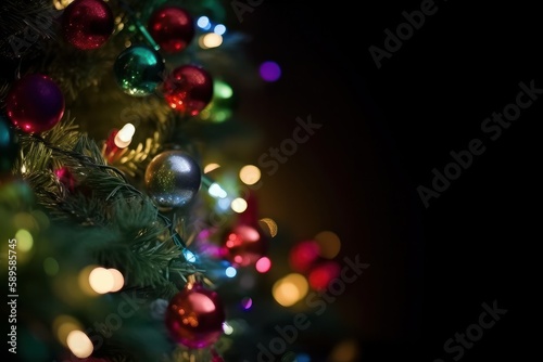 Christmas tree with colourful balls and ornaments on dark background. Selective focus, Generative Ai