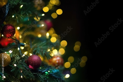 Christmas tree with colourful balls and ornaments on dark background. Selective focus  Generative Ai