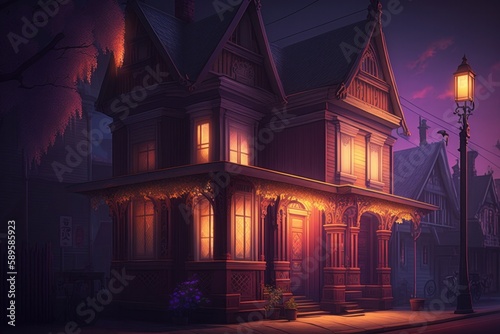A street scene with a purple light up the scene  in the style of hauntingly beautiful illustrations  a Night scene of a street in the old town. Generative Ai