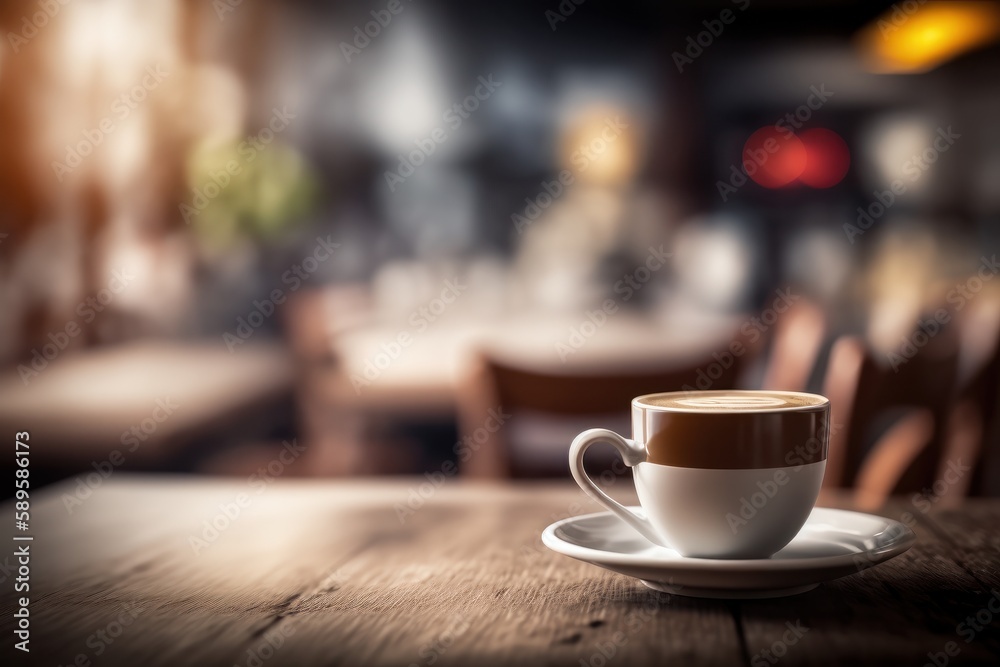 Coffee cup on wooden table in coffee shop blur background, Generative Ai