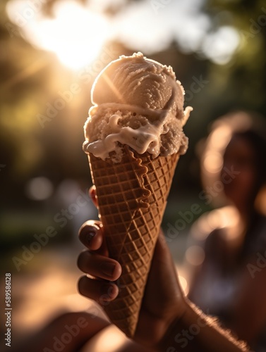 A cone of ice-cream scoops outdoors in the hand. AI generated