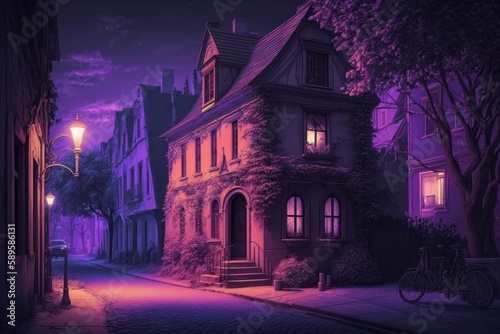 A street scene with a purple light up the scene  in the style of hauntingly beautiful illustrations  a Night scene of a street in the old town. Generative Ai