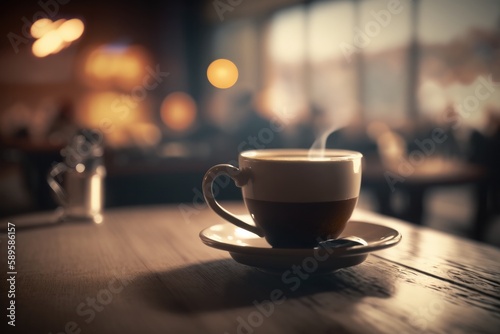 Coffee cup on wooden table in coffee shop, illustration, Generative Ai