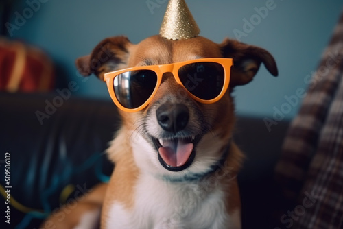 Close-up shot of a cute little smiling dog wearing colorful sunglasses and party hat on couch at living room, created with Generative AI. © sommersby