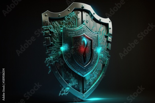 Cyber security concept with shield and binary code. 3D rendering, generative Ai