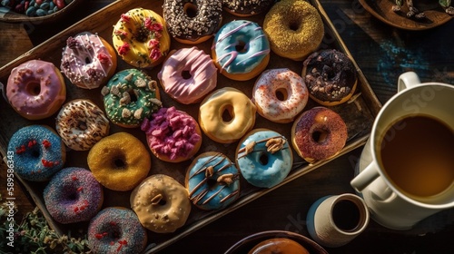 Assortment of colorful donuts of different flavours in a wooden box. AI
