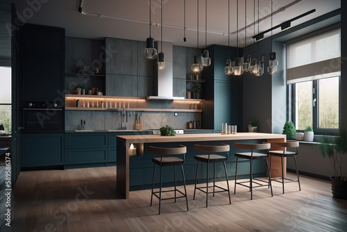 Modern kitchen interior | Luxury home showcase kitchen | Modern Farmhouse Kitchen | Bright kitchen with industrial and minimal finishes | minimalistic interior design kitchen, Generative AI