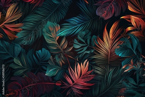 Illustration of tropical Tropical leaves seamless pattern on dark background with light effects, Generative Ai