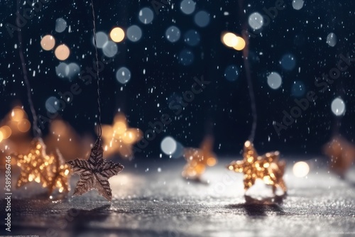 Christmas decoration background with snow, golden stars and bokeh lights on a dark background, Festive holiday and snow concept, Generative Ai