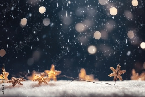 Christmas decoration background with snow, golden stars and bokeh lights on a dark background, Festive holiday and snow concept, Generative Ai © Angus.YW
