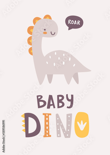 Cute dino print with text. Poster with abstract little dinosaur and lettering. Scandinavian print with baby dino.