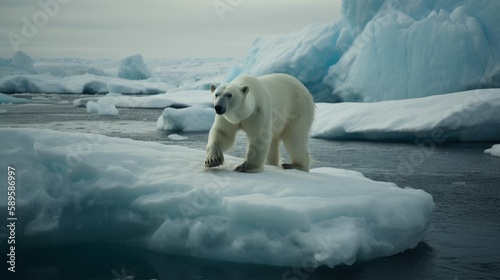 Polar Bear stranded on a melting iceberg. Generative Ai.