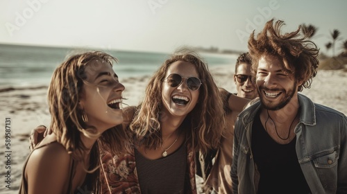 Group Of Friends On Vacation Having Fun On the Beach. Fictional people generated by AI. Editorial use © Falk