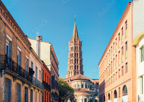 Old city of Toulouse with Cathedral Basilica of  Saint-Sernin de Toulouse, France