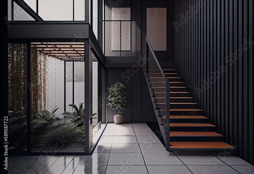 Unfurnished Interior with Black Cladding walls and Tiled Concrete floor. Stairway with Modern Architecture. 3D Render. Generative AI
