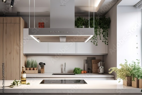 Modern kitchen interior   Luxury home showcase kitchen   Modern Farmhouse Kitchen   Bright kitchen with industrial and minimal finishes   minimalistic interior design kitchen  Generative AI