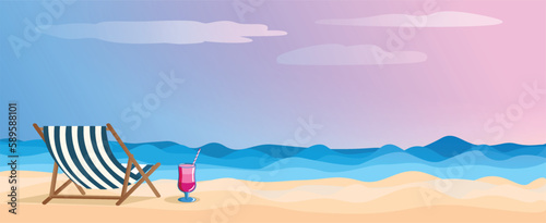 Wide banner. Summer evening sea background, sunset pink light, yacht in the sea and beach cocktail on the sand. Postcard, holiday season advertisement, beach holiday