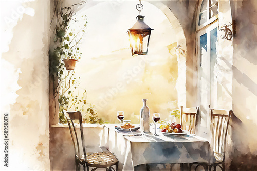 Empty outdoors restaurant or cafe with table and chairs in Provencal style. Summer holiday. Watercolor illustration. Generated AI