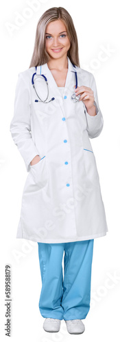 Young female doctor on white background