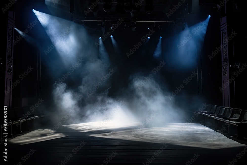 A Darkly Magical Show: Spot Light Illuminates Empty Theatre Stage with Dry Ice Smoke: Generative AI