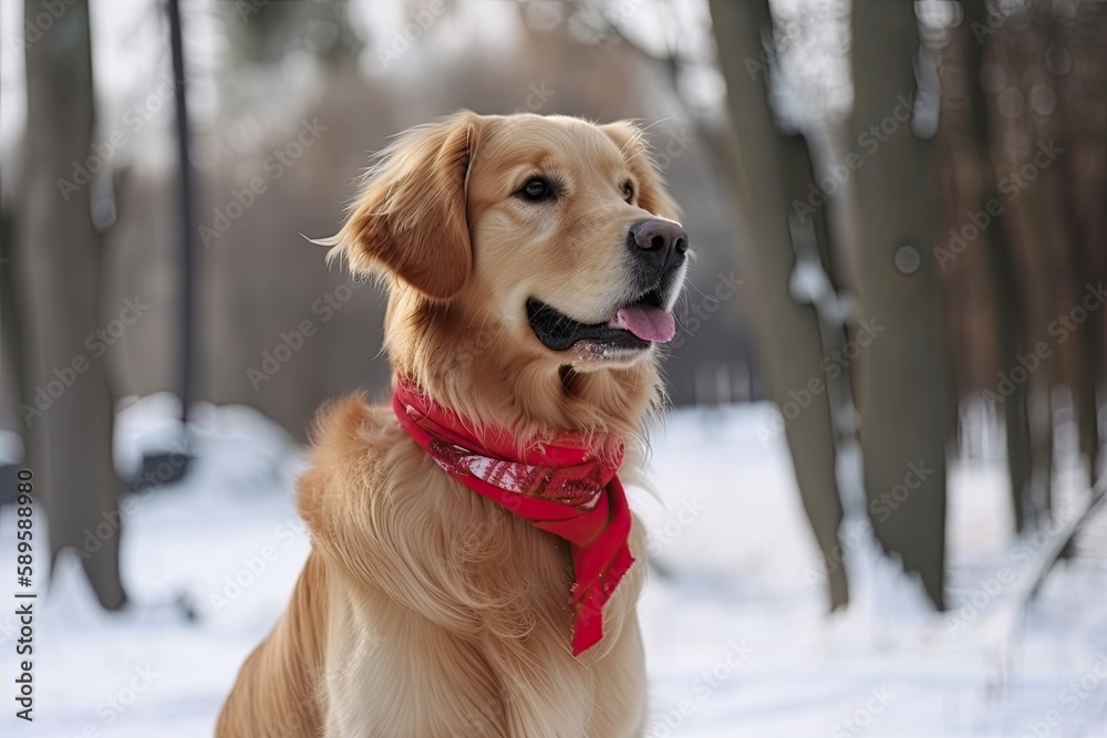 Beautiful Winter Walk: Joyful Golden Retriever with a Red Collar Adventures with Pet Friends. Generative AI