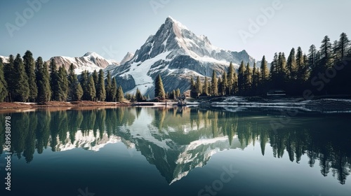 Beautiful Scenic Landscape with Majestic Mountain and Reflection in Lake, Generative AI