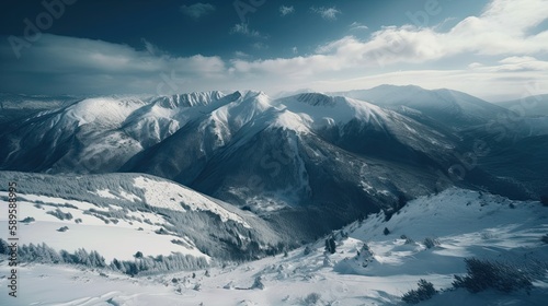 Breathtaking Panoramic View of Snowy Winter Mountain Range, Generative AI © AIGen