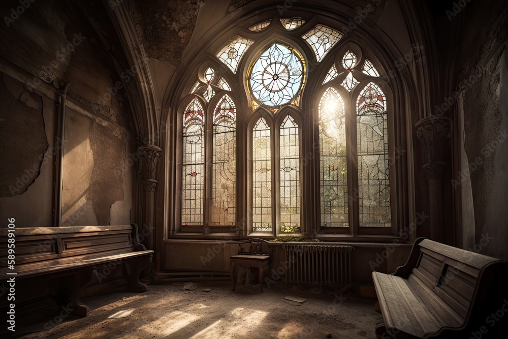 Gothic Style and Splendor: An Intricate Window in an Ancient Stone Church's Luxurious Interior, Generative AI
