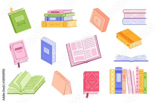 Set of literature, dictionaries, encyclopedias with bookmarks. Books in a stack, open, in a group, closed, on the shelf. Color flat vector illustration isolated on white background.