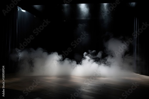 The Dark Future of Stages Empty - A Nighttime Show Lit by a Single Spotlight and Smoke from Dry Ice. Generative AI