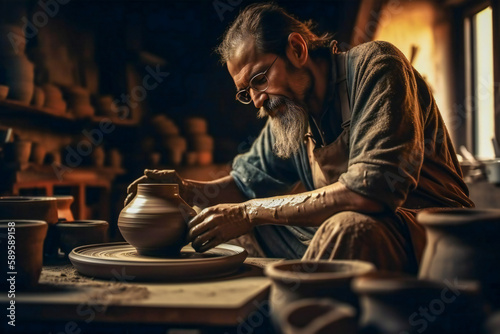 A potter in his workshop crafting a pot. Created with Generative AI technology.