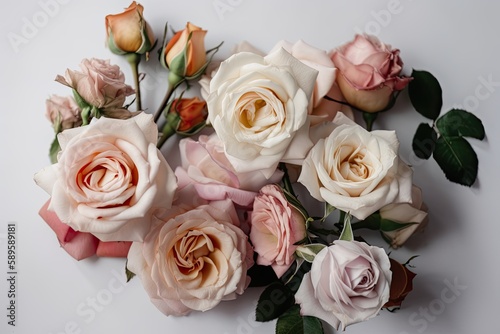 Romantic Pink Rose Bouquet on a White Background - Perfect for Weddings and Celebrations of Love. Generative AI