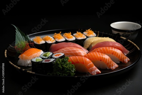 Tasty Japanese Dinner: Fresh Sushi Maki Set on Black Plate, Generative AI