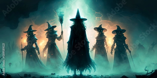 Coven of witches in the mist Generative AI photo