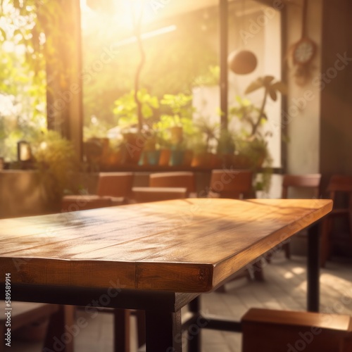 Empty wooden table and chair in the coffee shop blur background with bokeh  Generative Ai