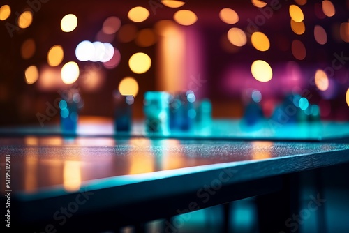 Wooden table in a nightclub with bokeh lights, colourful tone, night club, bar, Generative Ai