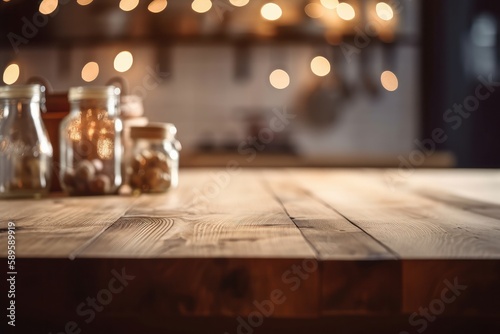 Wooden table and blurred background of kitchen interior, shallow depth of field, Generative Ai