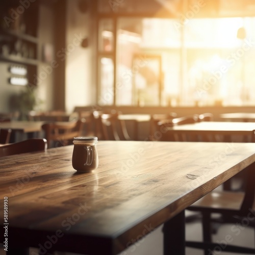 Empty wooden table and chair in coffee shop or restaurant with sunlight, Generative Ai
