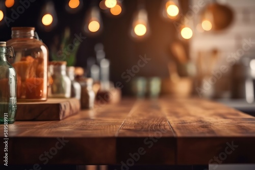 Empty wooden table and bokeh lights background. For product display  Generative Ai