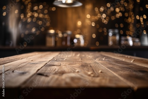 Empty wooden table in front of blurred background of bar with bokeh lights, Generative Ai