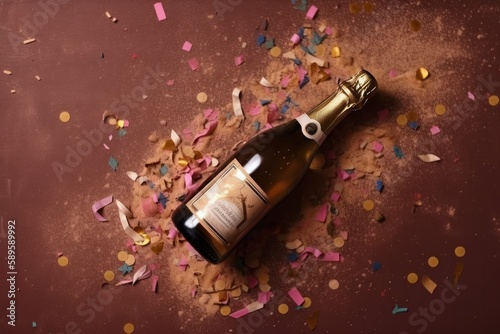 Champagne bottle with confetti on a dark pink background. Top view, Generative Ai
