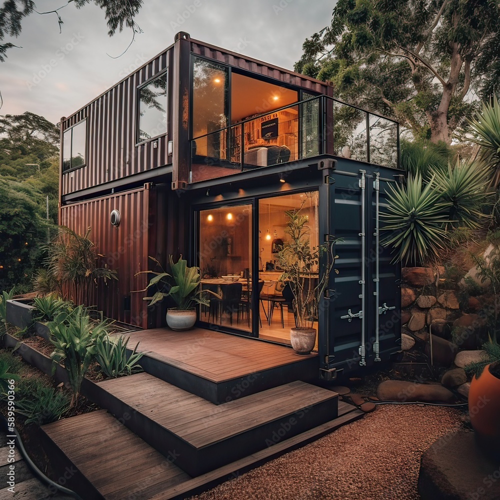 Modern metal building made from shipping containers and in forest and blue sky background. container house design in forest. Generative Ai Modern metal building made from shipping containers and in forest and blue sky background. container house design in forest. Generative Ai
