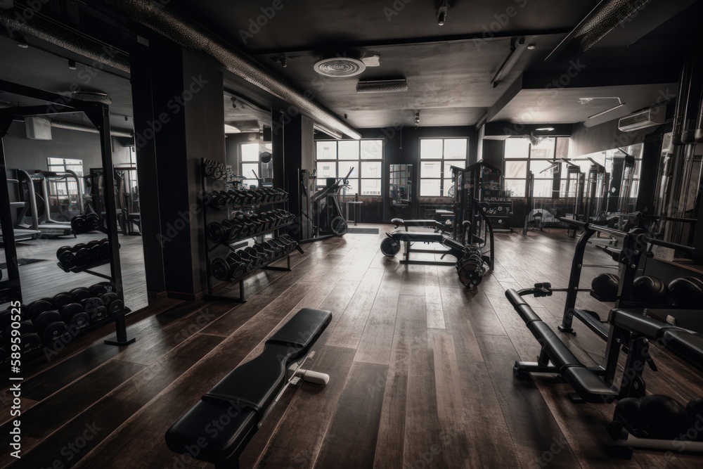 Interior of a fitness hall with barbells and fitness equipment, generative Ai