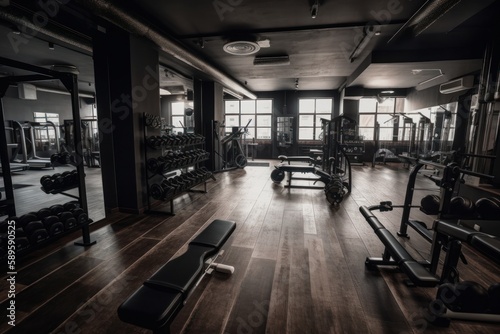 Interior of a fitness hall with barbells and fitness equipment, generative Ai