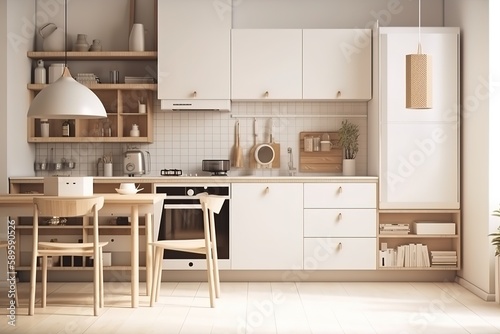 Interior of kitchen with modern oven   modern Nordic kitchen in loft apartment. 3D rendering   Modern Contemporary kitchen room interior .white and wood material 3d render, Generative AI © Azar