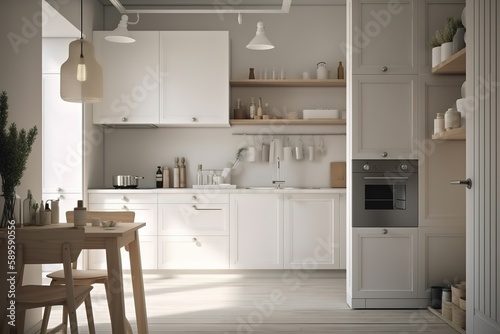 Interior of kitchen with modern oven | modern Nordic kitchen in loft apartment. 3D rendering | Modern Contemporary kitchen room interior .white and wood material 3d render, Generative AI