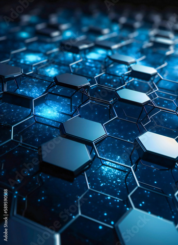 Blue abstract technology background. Abstract information technology, communications or artificial intelligence concept. Created with Generative AI technology.