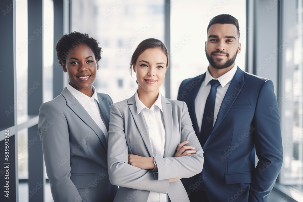 business team businesswoman businessman meeting office teamwork happy portrait together group, created using generative AI technology business team businesswoman businessman meeting office teamwork happy portrait together group, created using generative AI technology